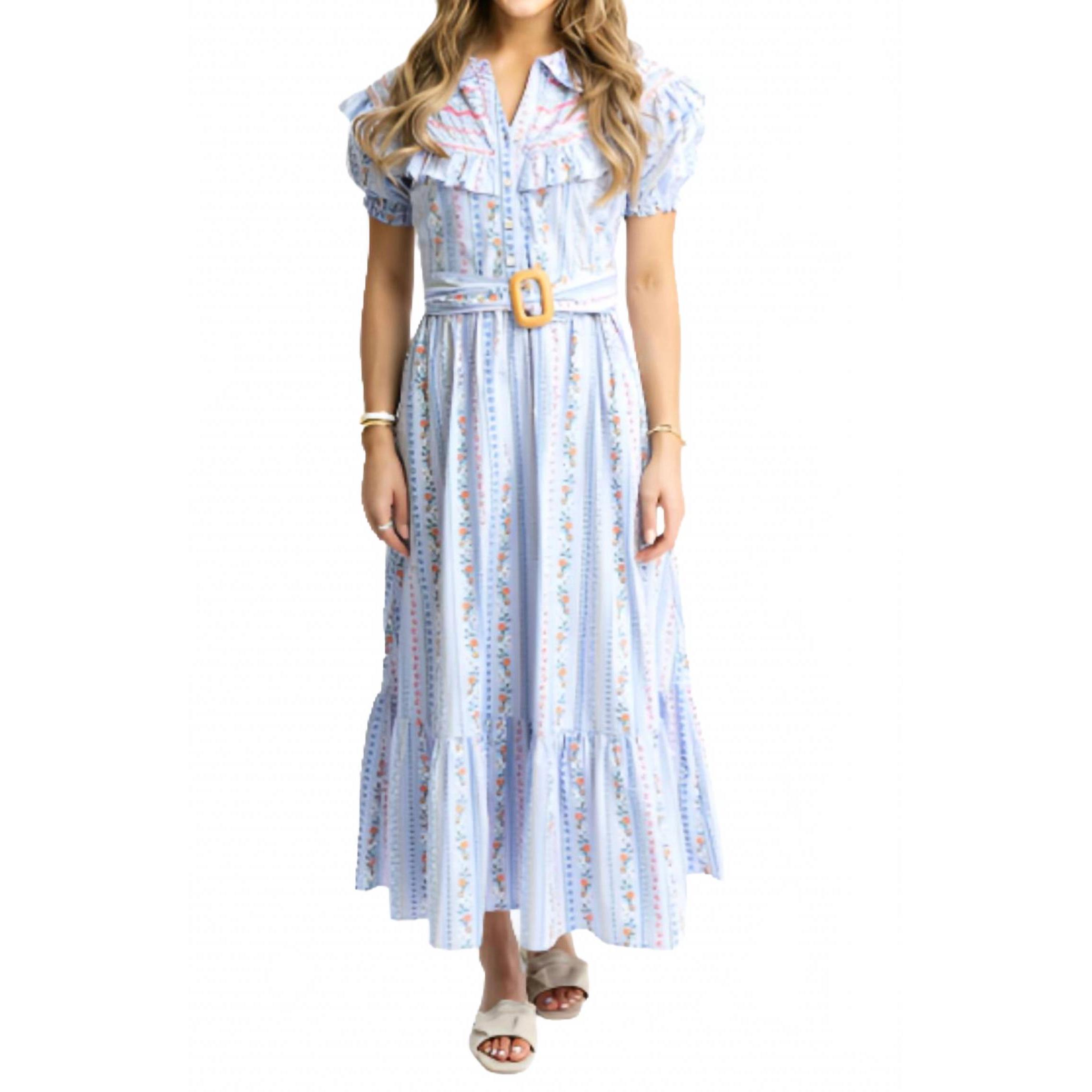 New Karlie French Floral Embroidered Vine Dress With Belt In Blue Multi